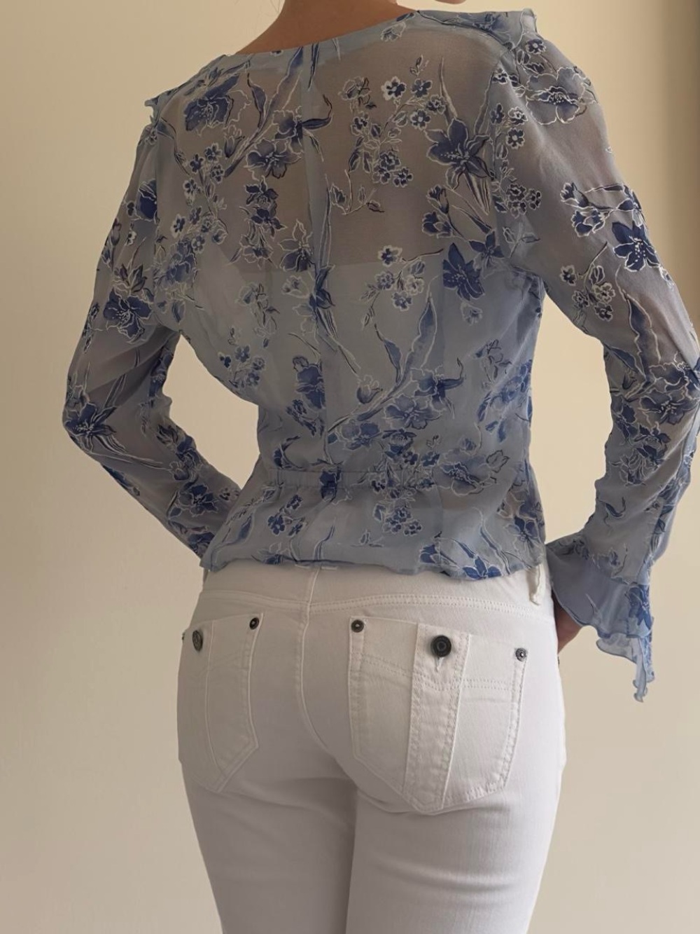 2000s Escada Light Blue Floral Ruffle Blouse - Picture 2 of 4